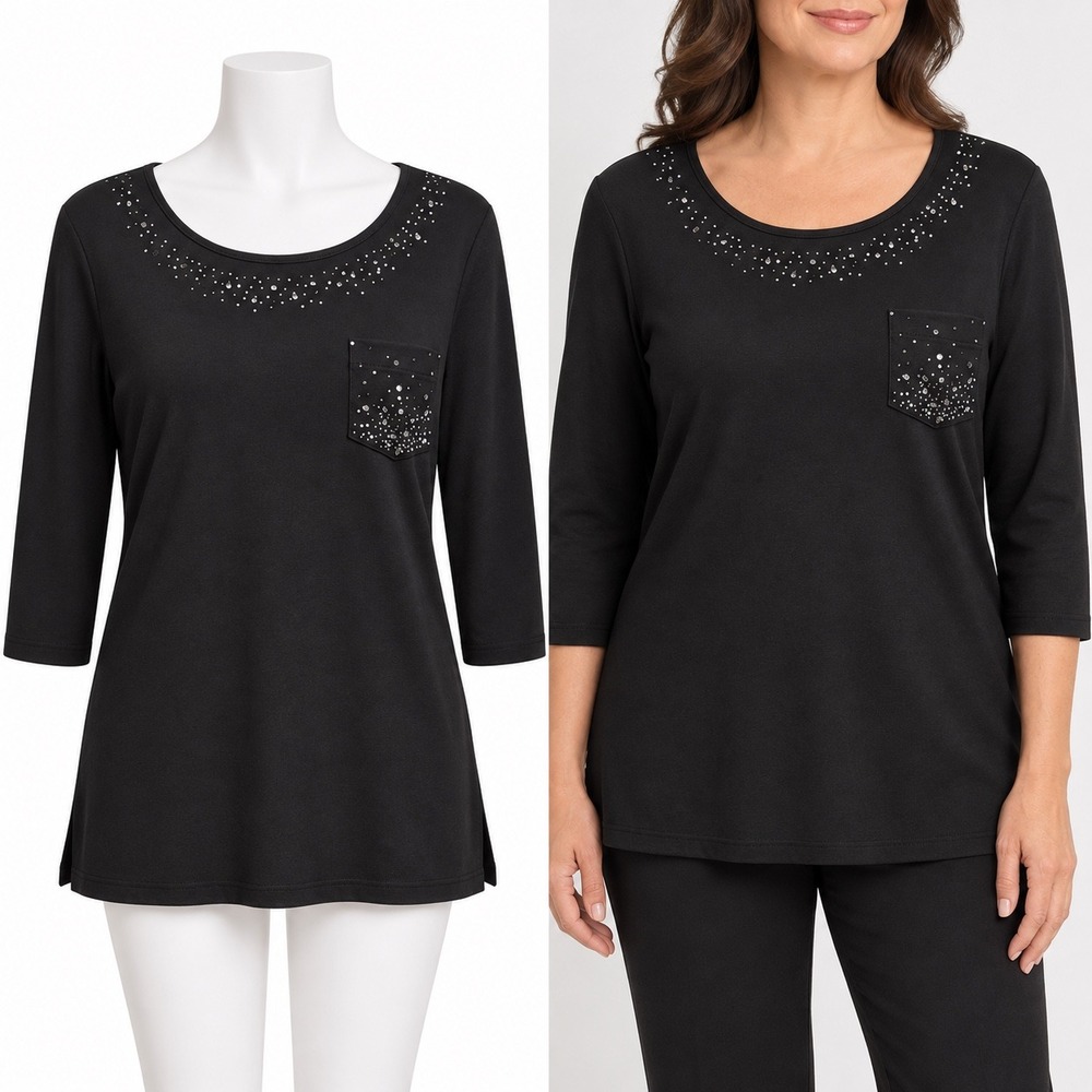 Quacker Factory Top Womens Medium Black Rhinestone Embellished 3/4 Sleeve Pocket